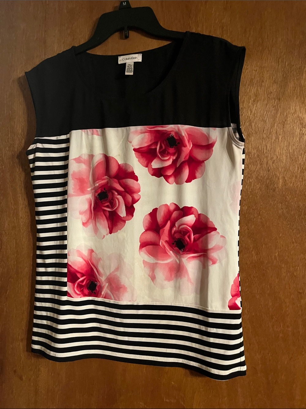 Calvin Klein Black, White & Pink Floral Stripe Cap-Sleeve Top